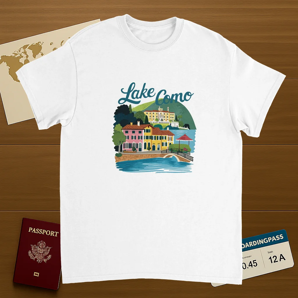 white Lake Como Italy Unisex Travel T-Shirt on wooden background with world map, passport, and boarding pass