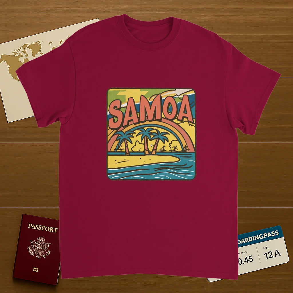 cardinal red Samoa Unisex Travel T-Shirt on wooden background with world map, passport, and boarding pass