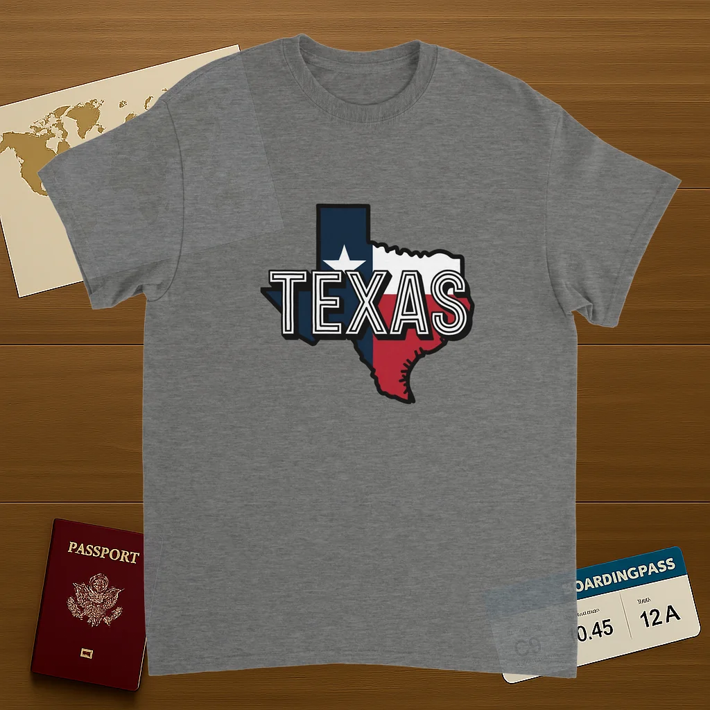 sport grey Texas USA Unisex Travel T-Shirt on wooden background with world map, passport, and boarding pass