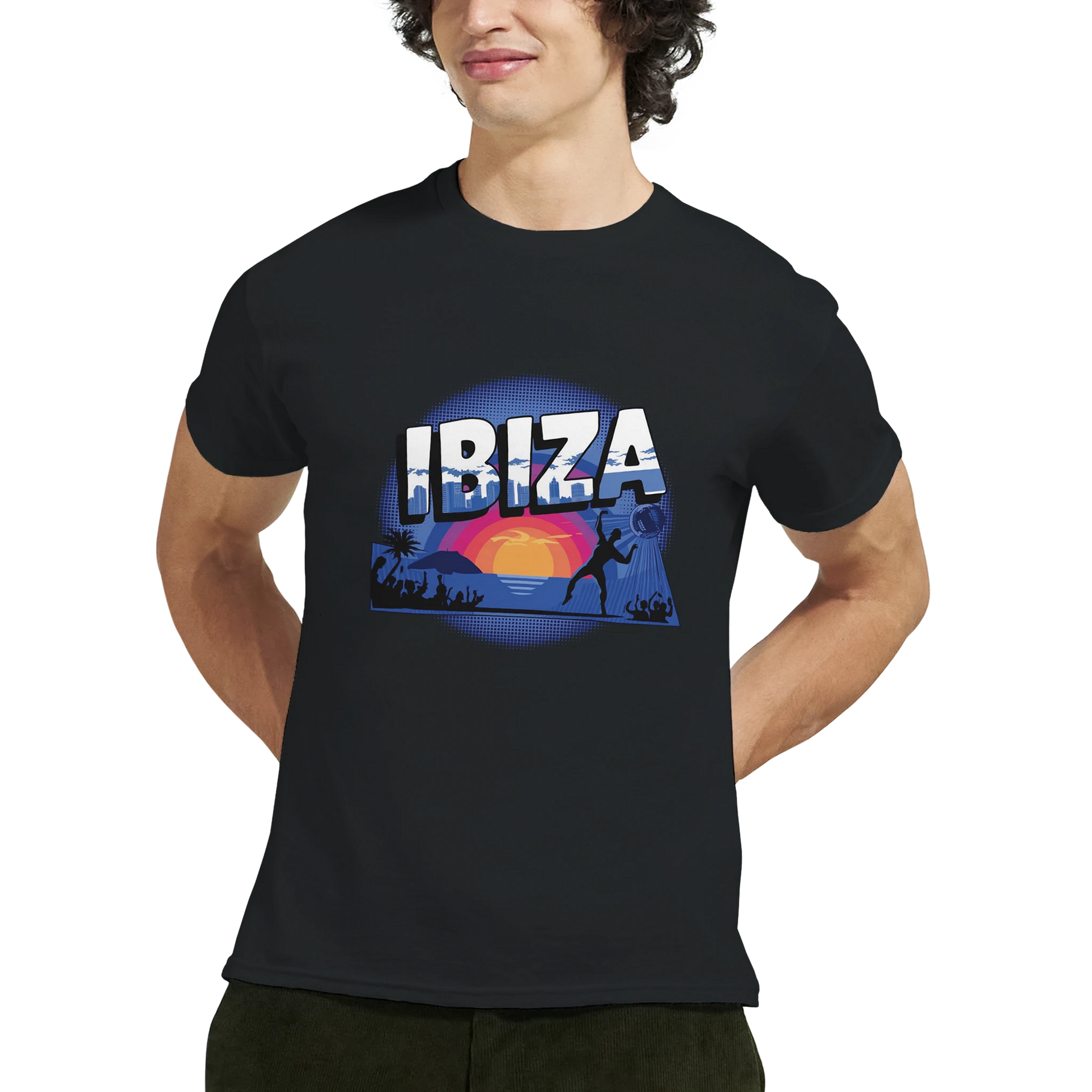 Ibiza Unisex Travel T-Shirt featuring a man from the front