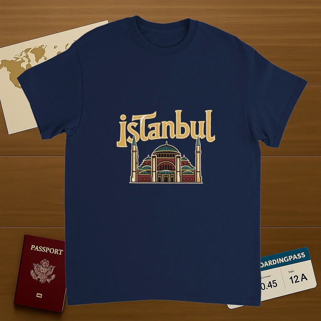 navy Istanbul Turkey Unisex Travel T-Shirt on wooden background with world map, passport, and boarding pass