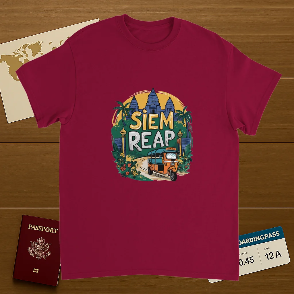 cardinal red Siem Reap Cambodia Unisex Travel T-Shirt on wooden background with world map, passport, and boarding pass