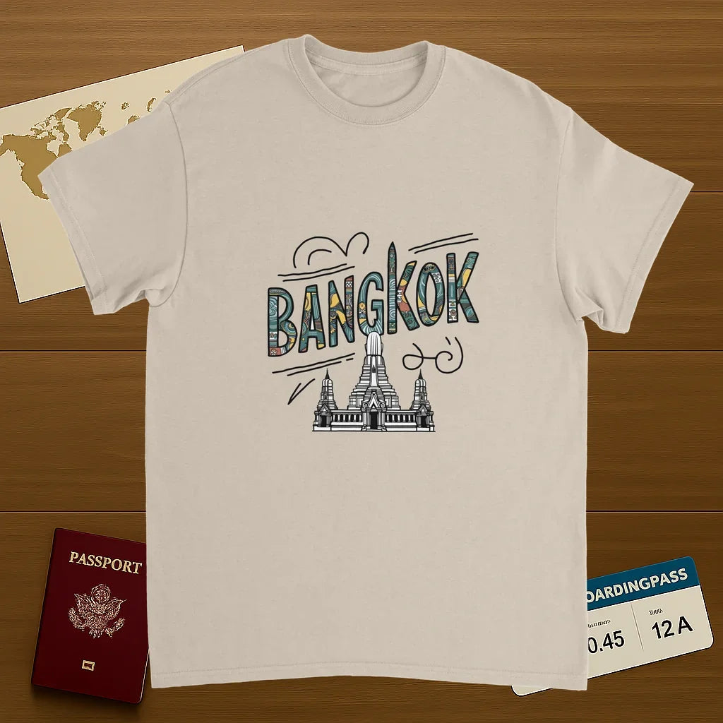 Bangkok Thailand Unisex Travel T-Shirt on wooden background with world map, passport, and boarding pass