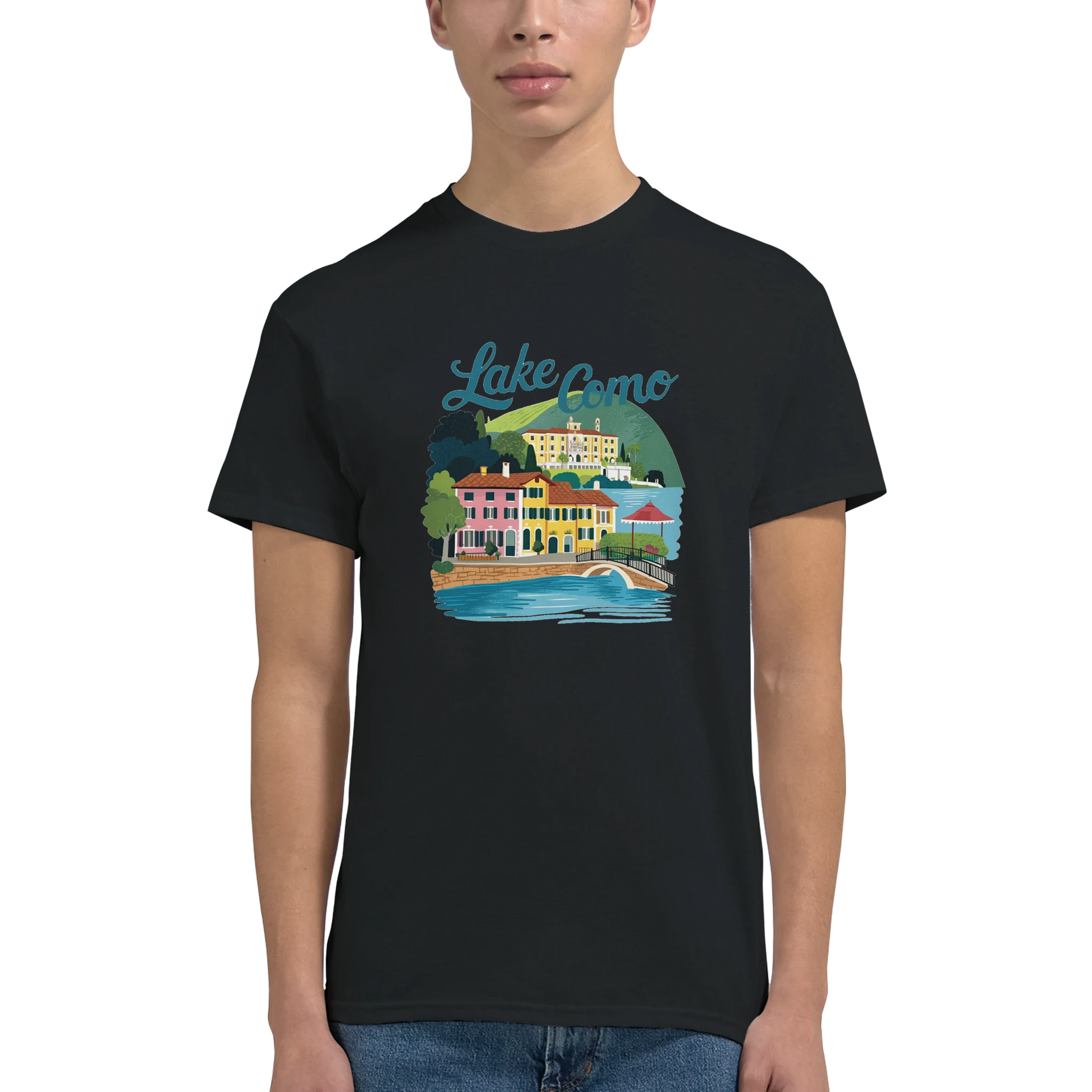 Lake Como Italy Unisex Travel T-Shirt featuring a man