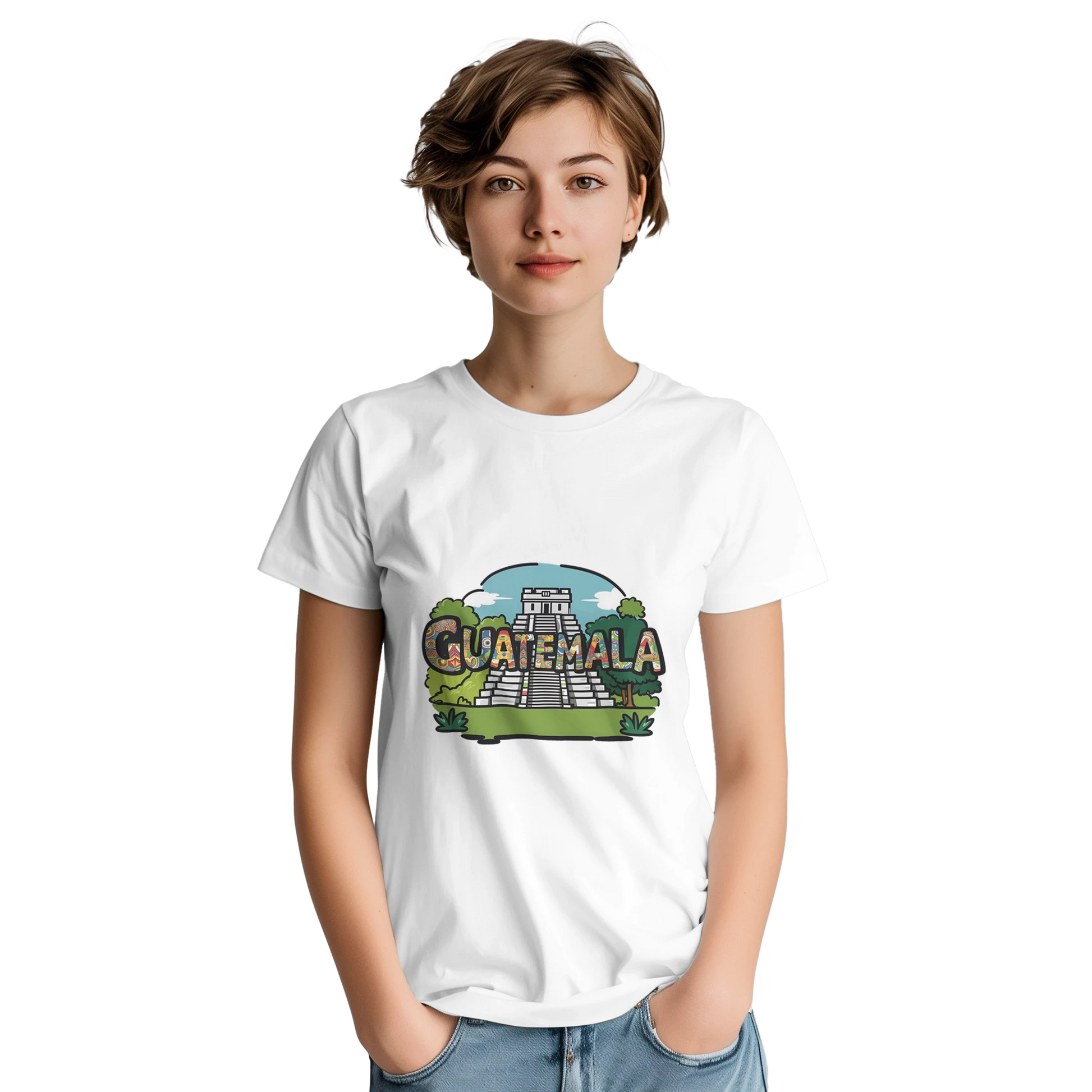 Guatemala Unisex Travel T-Shirt on wooden background with world map, passport, and boarding pass