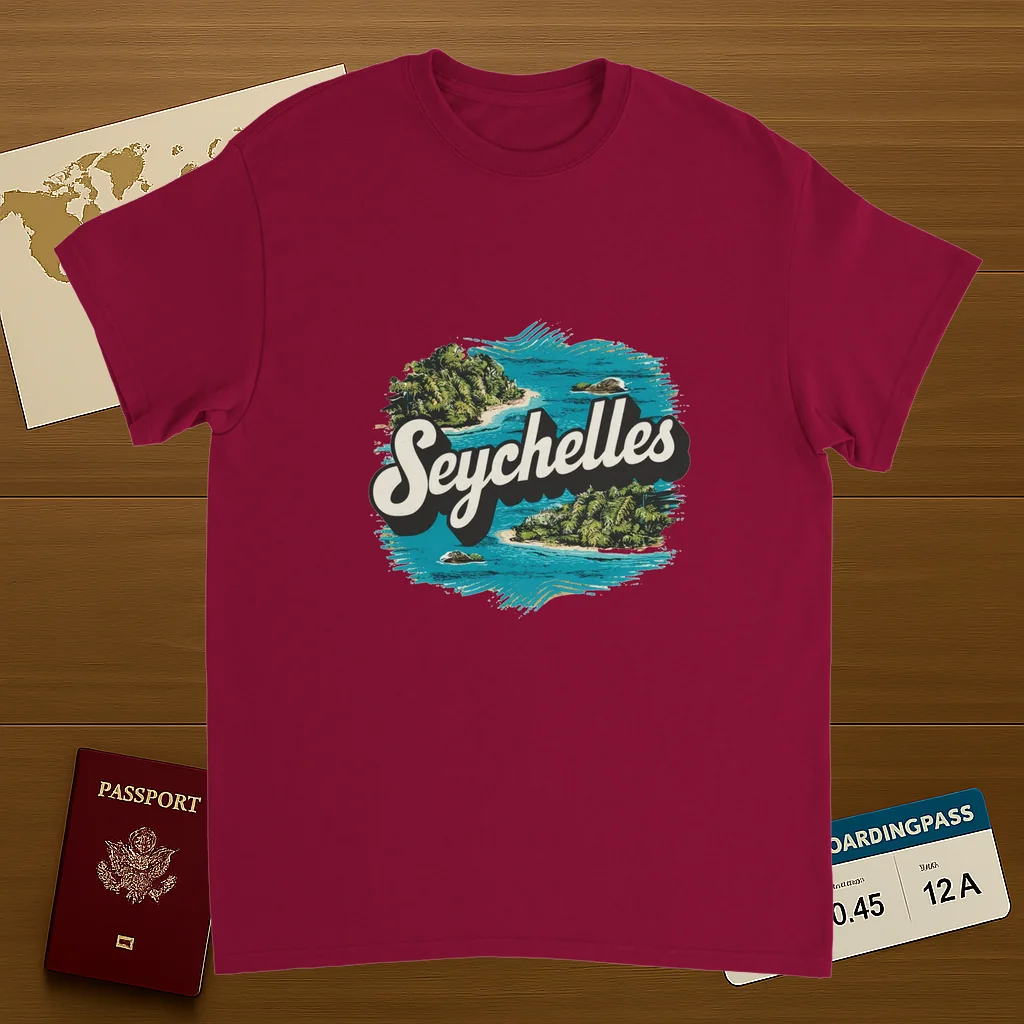cardinal red Seychelles Unisex Travel T-Shirt on wooden background with world map, passport, and boarding pass