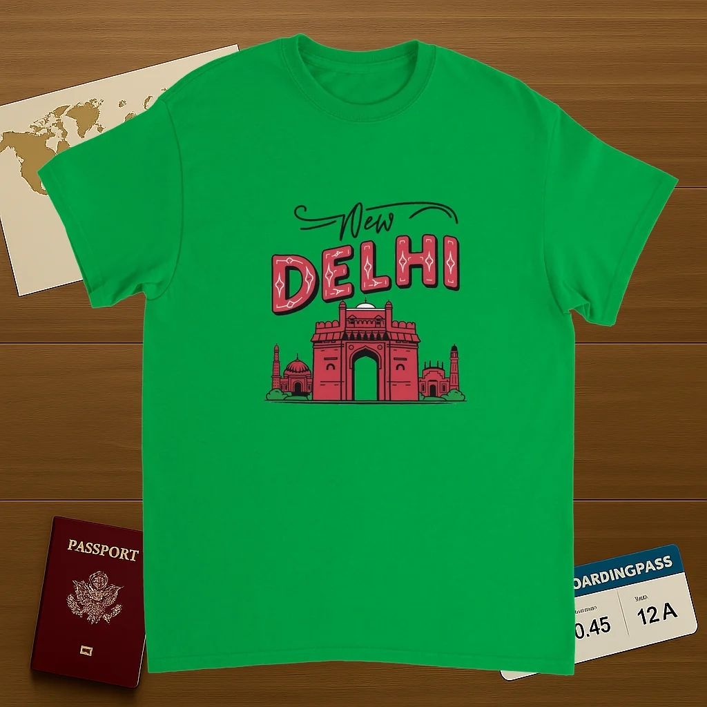 irish green New Delhi India Unisex Travel T-Shirt on wooden background with world map, passport, and boarding pass