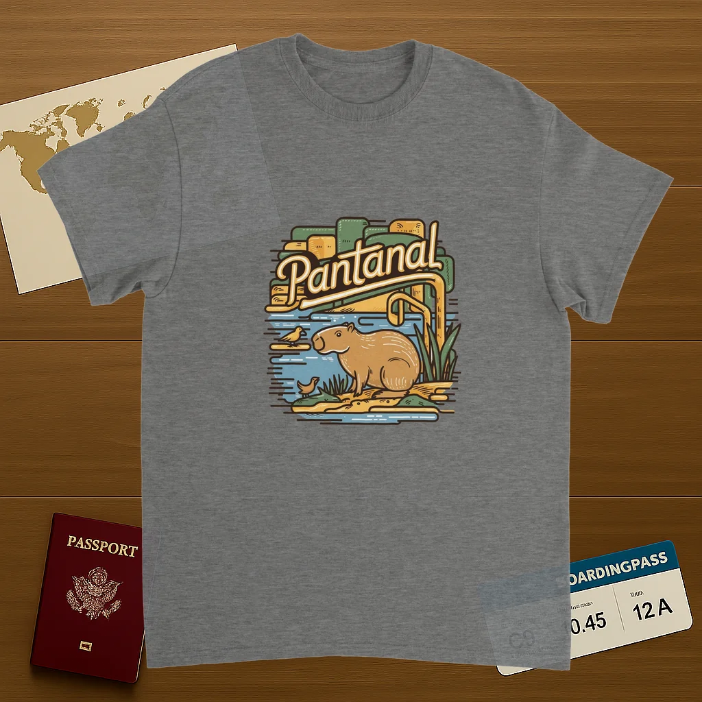 sport grey Pantanal Brazil Unisex Travel T-Shirt on wooden background with world map, passport, and boarding pass