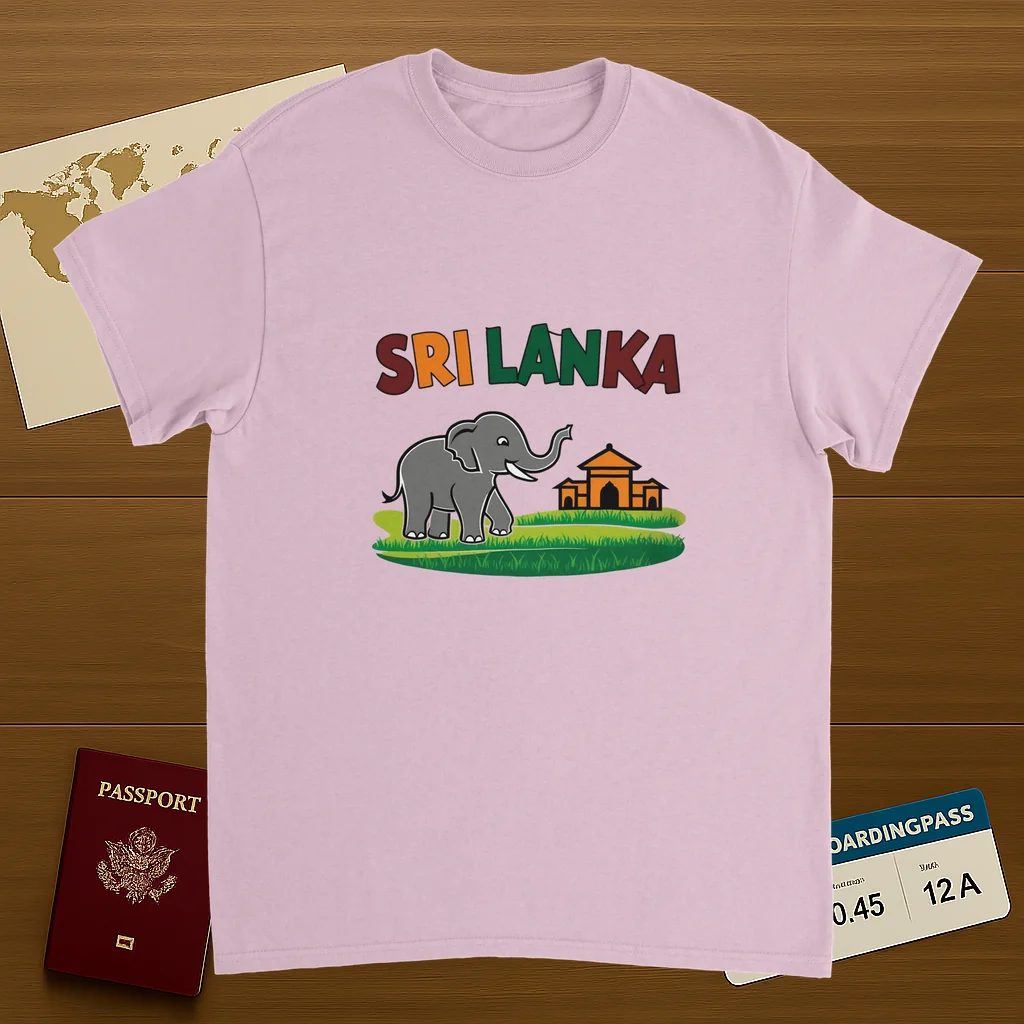 light pink Sri Lanka Unisex Travel T-Shirt on wooden background with world map, passport, and boarding pass