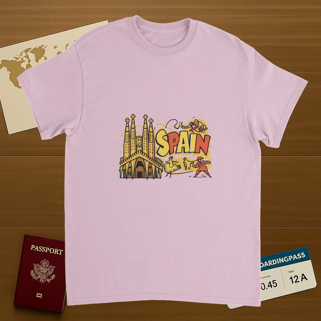 light pink Spain Unisex Travel T-Shirt on wooden background with world map, passport, and boarding pass