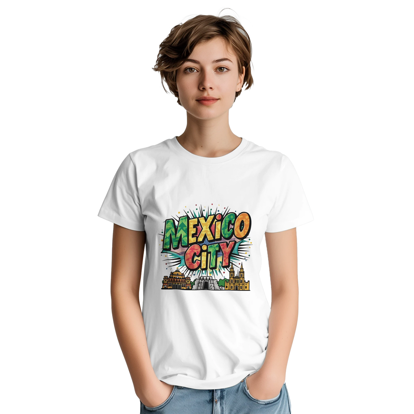 Mexico City Unisex Travel T-Shirt on wooden background with world map, passport, and boarding pass