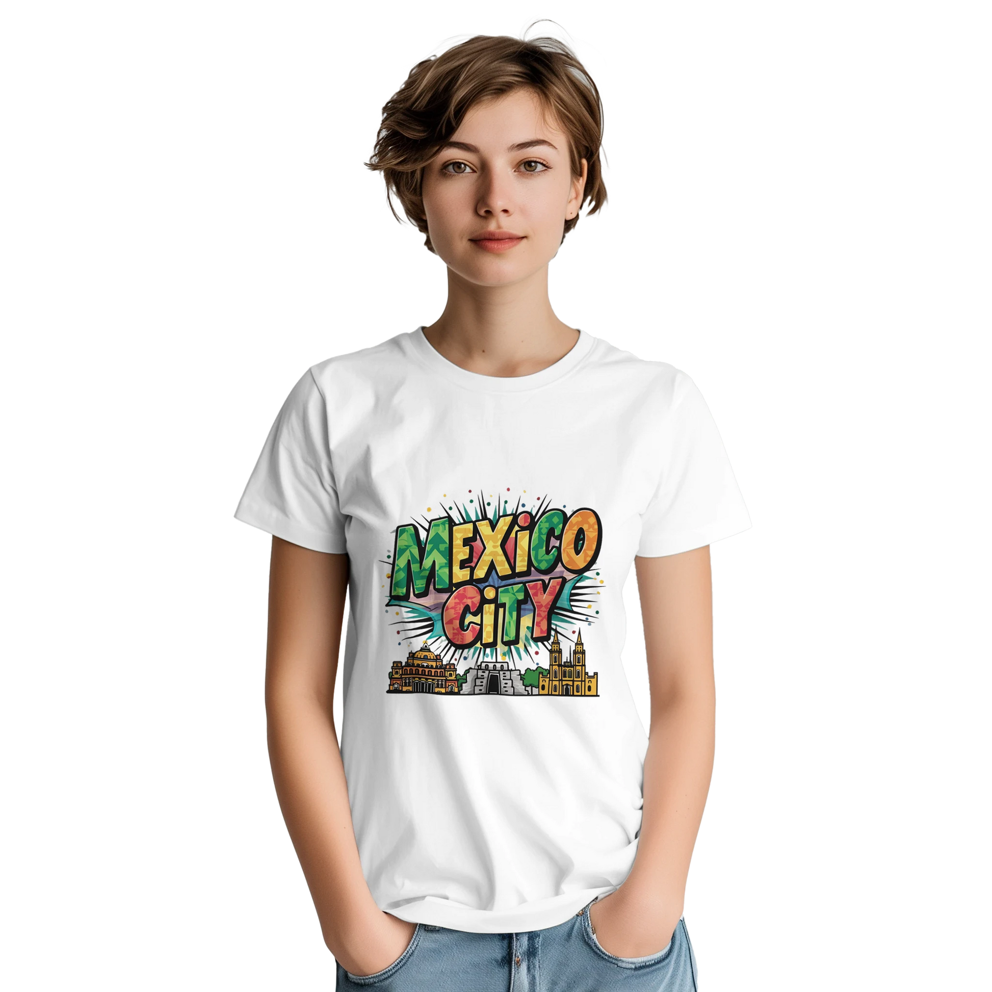 Mexico City Unisex Travel T-Shirt on wooden background with world map, passport, and boarding pass