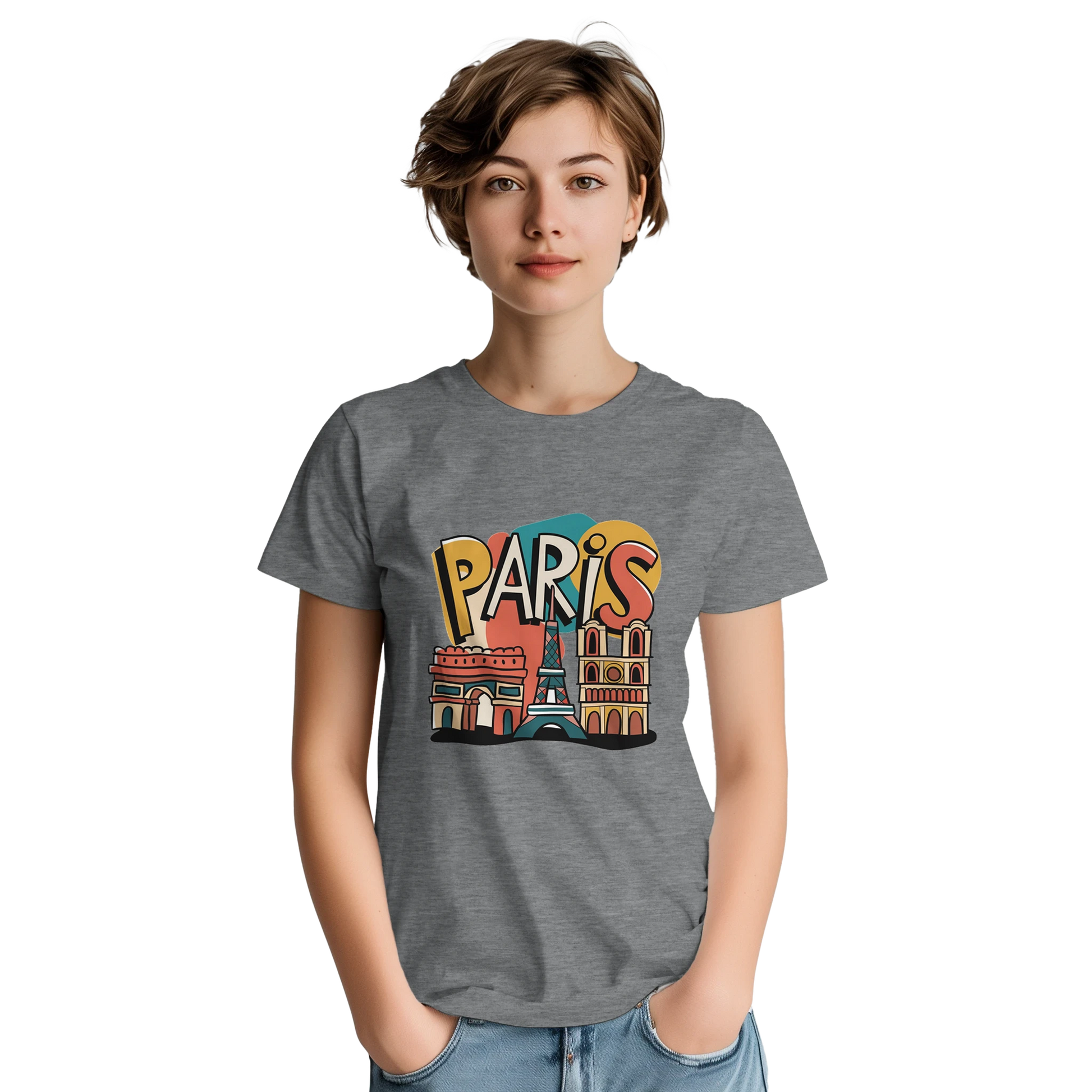 Paris France Unisex Travel T-Shirt on wooden background with world map, passport, and boarding pass