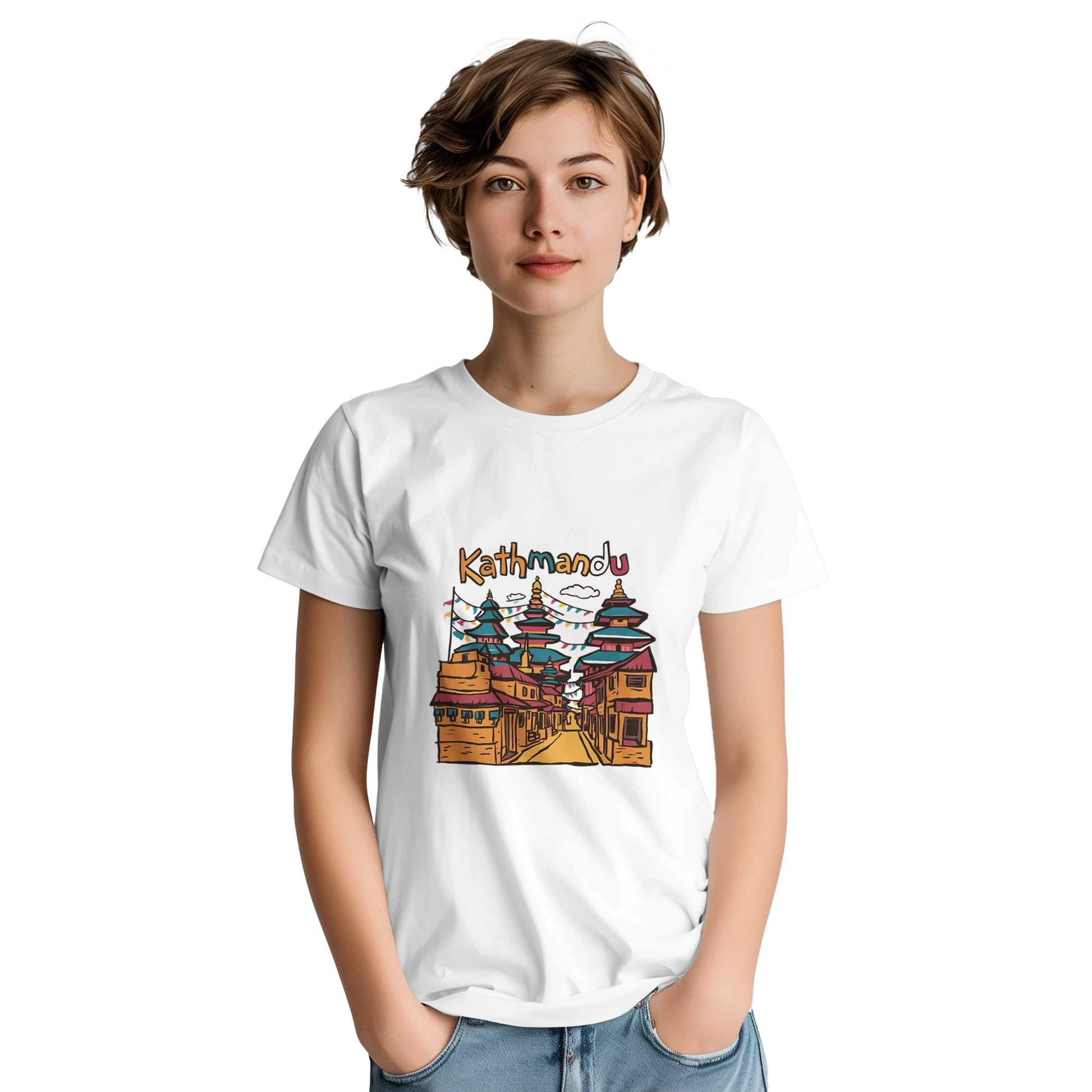 Kathmandu Nepal Unisex Travel T-Shirt on wooden background with world map, passport, and boarding pass