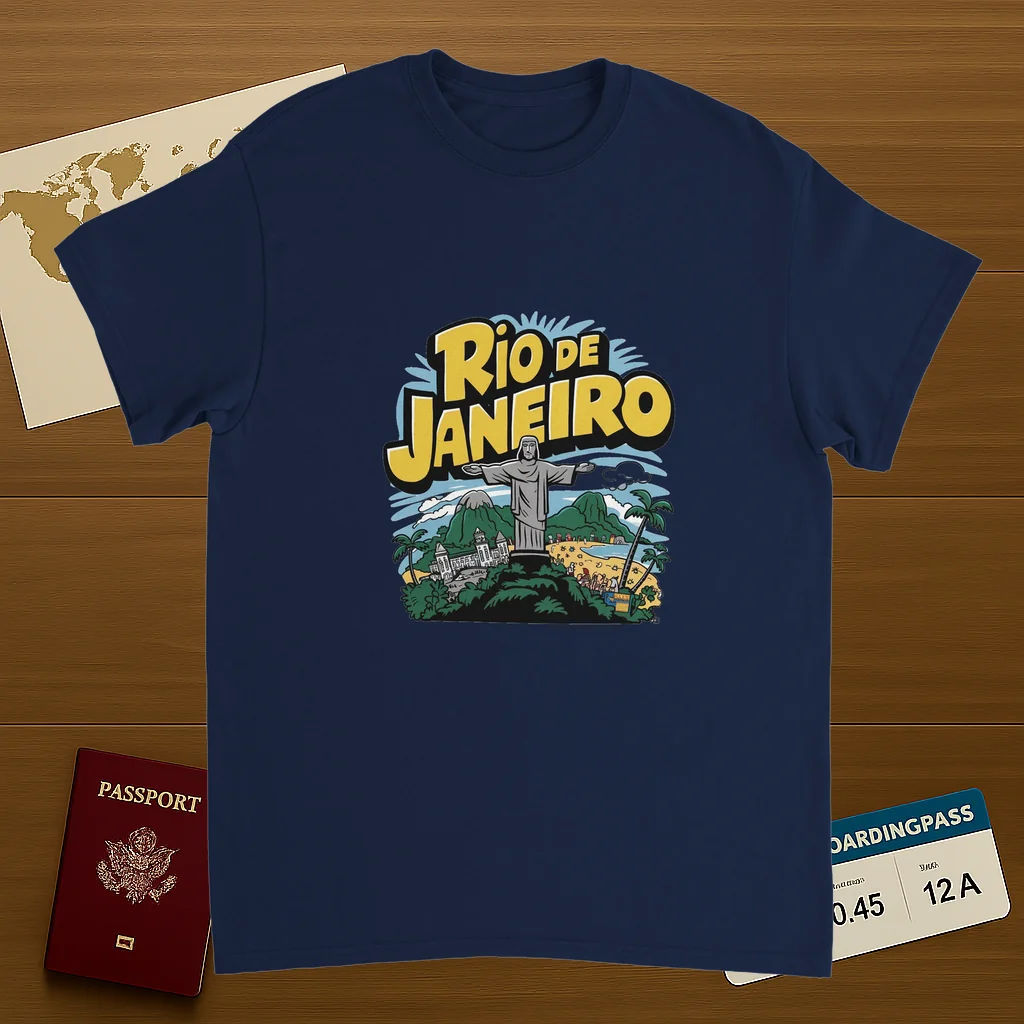 navy Rio de Janeiro Brazil Unisex Travel T-Shirt on wooden background with world map, passport, and boarding pass
