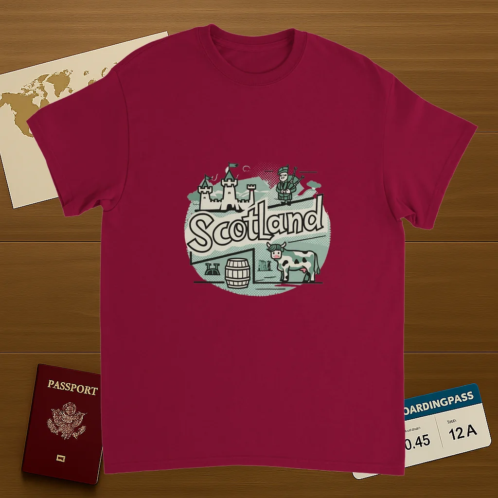 cardinal red Scotland Unisex Travel T-Shirt on wooden background with world map, passport, and boarding pass