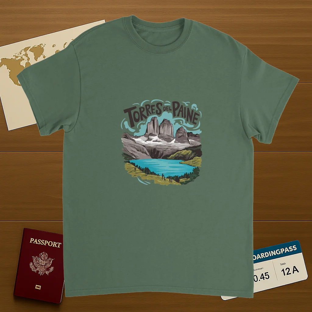 military green Torres del Paine Chile Unisex Travel T-Shirt on wooden background with world map, passport, and boarding pass
