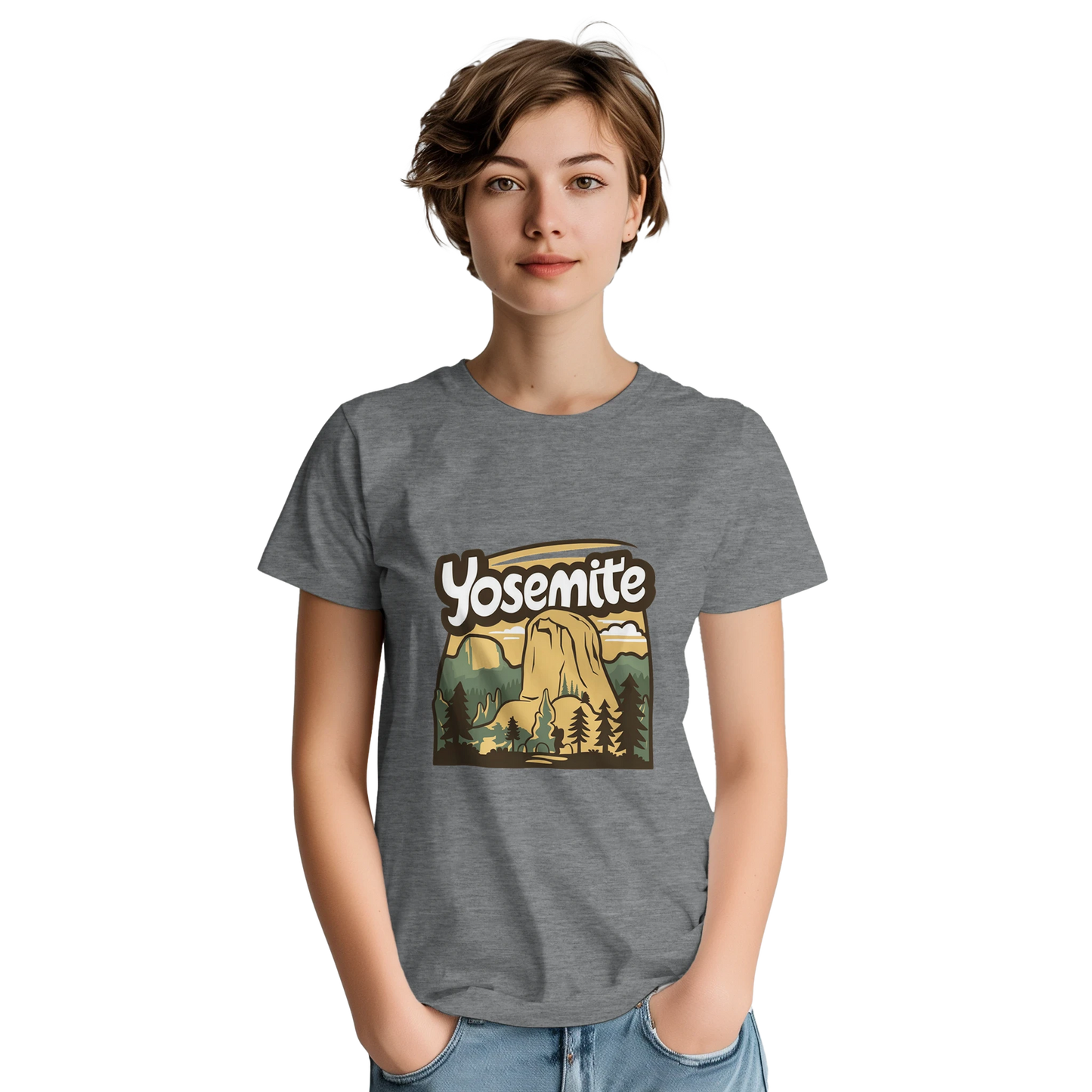 Yosemite USA Unisex Travel T-Shirt on wooden background with world map, passport, and boarding pass