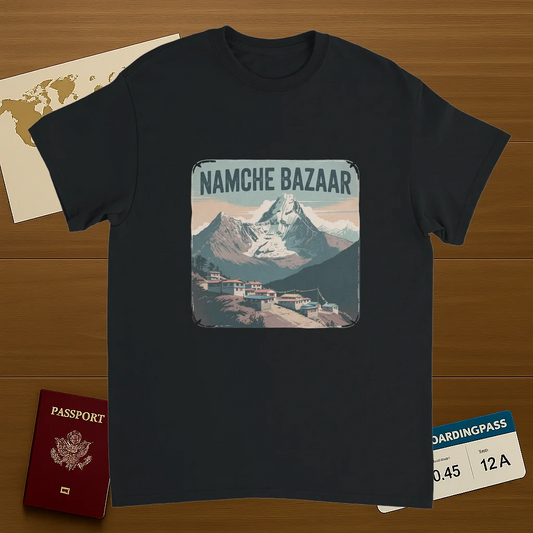black Namche Bazaar Nepal Unisex Travel T-Shirt on wooden background with world map, passport, and boarding pass