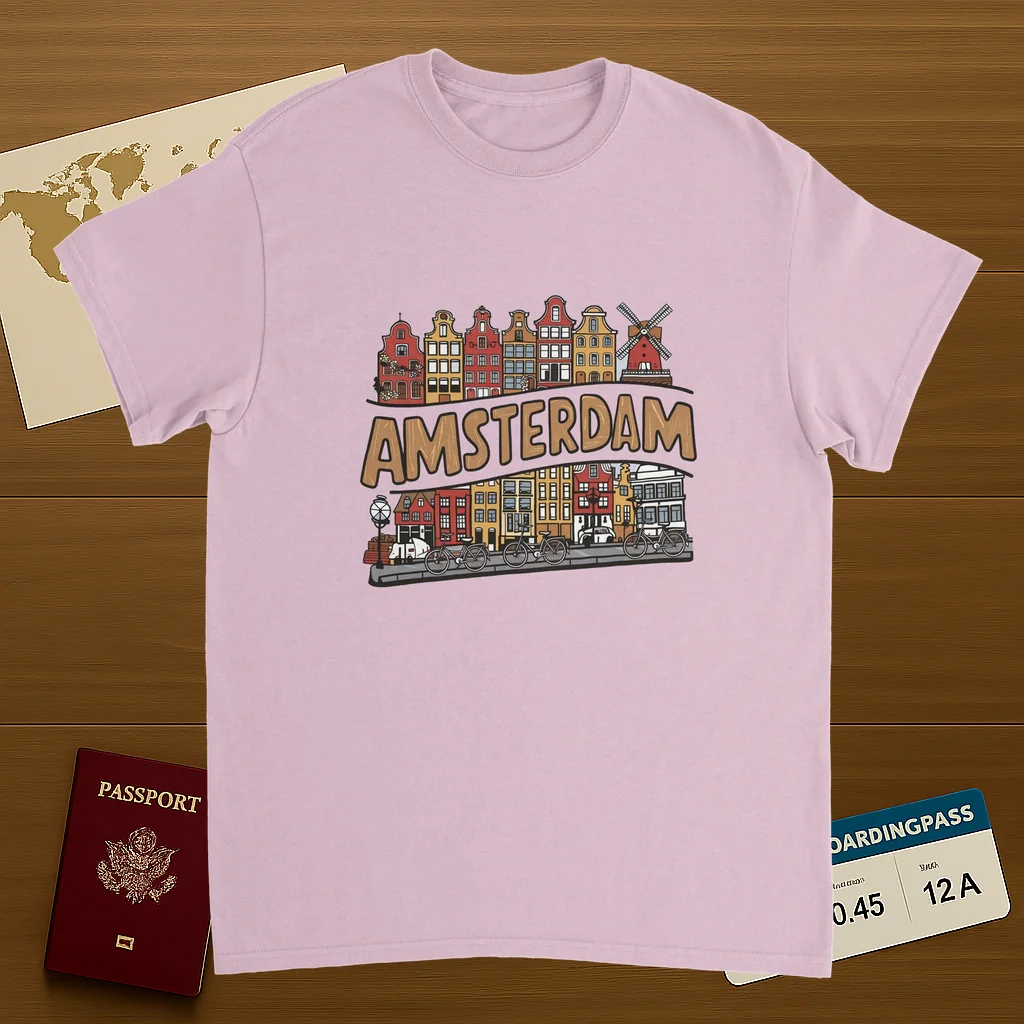 light pink Amsterdam Netherlands Unisex Travel T-Shirt on wooden background with world map, passport, and boarding pass