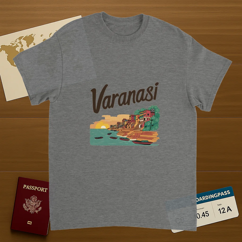 sport grey Varanasi India Unisex Travel T-Shirt on wooden background with world map, passport, and boarding pass