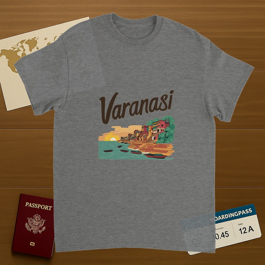 sport grey Varanasi India Unisex Travel T-Shirt on wooden background with world map, passport, and boarding pass