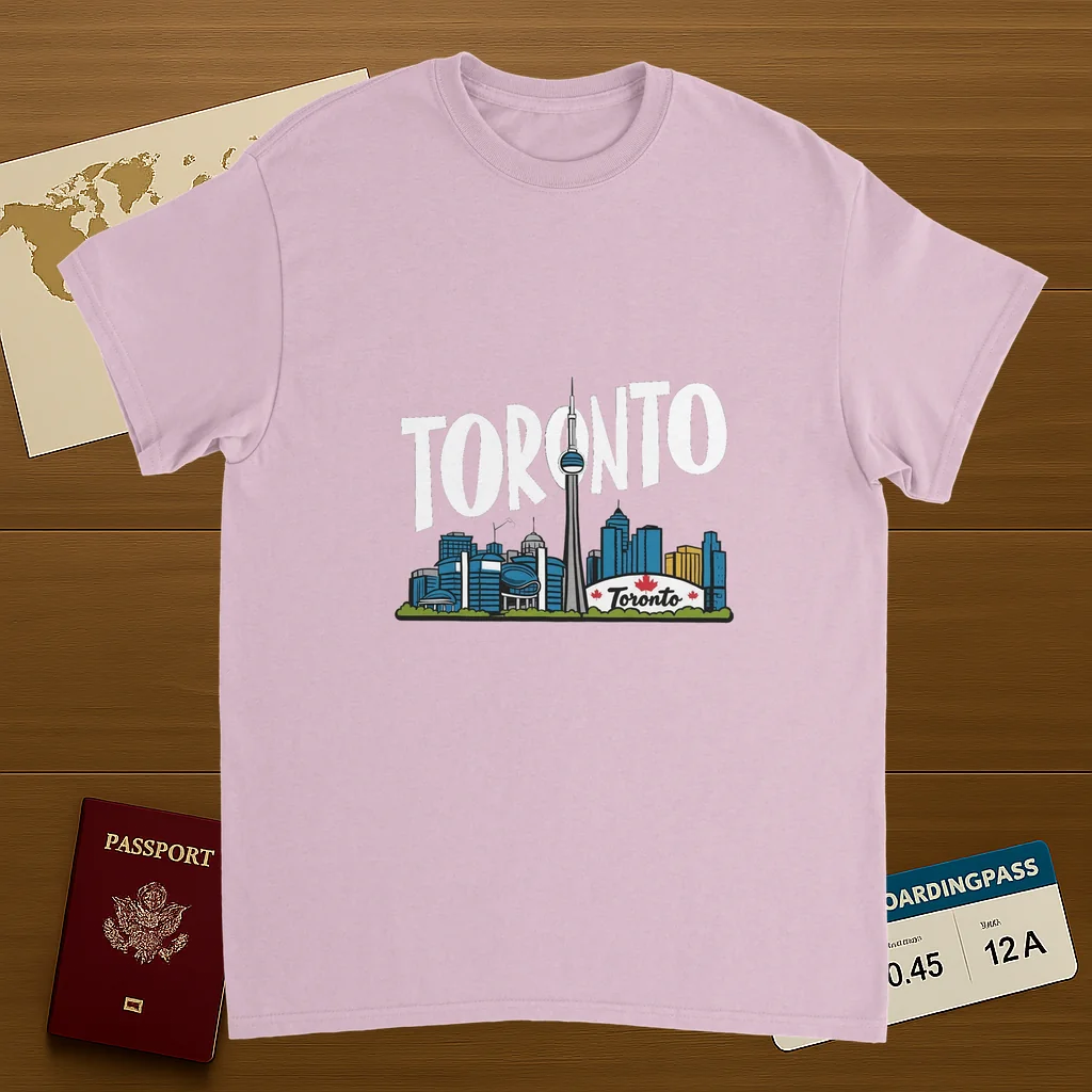 light pink Toronto Canada Unisex Travel T-Shirt on wooden background with world map, passport, and boarding pass