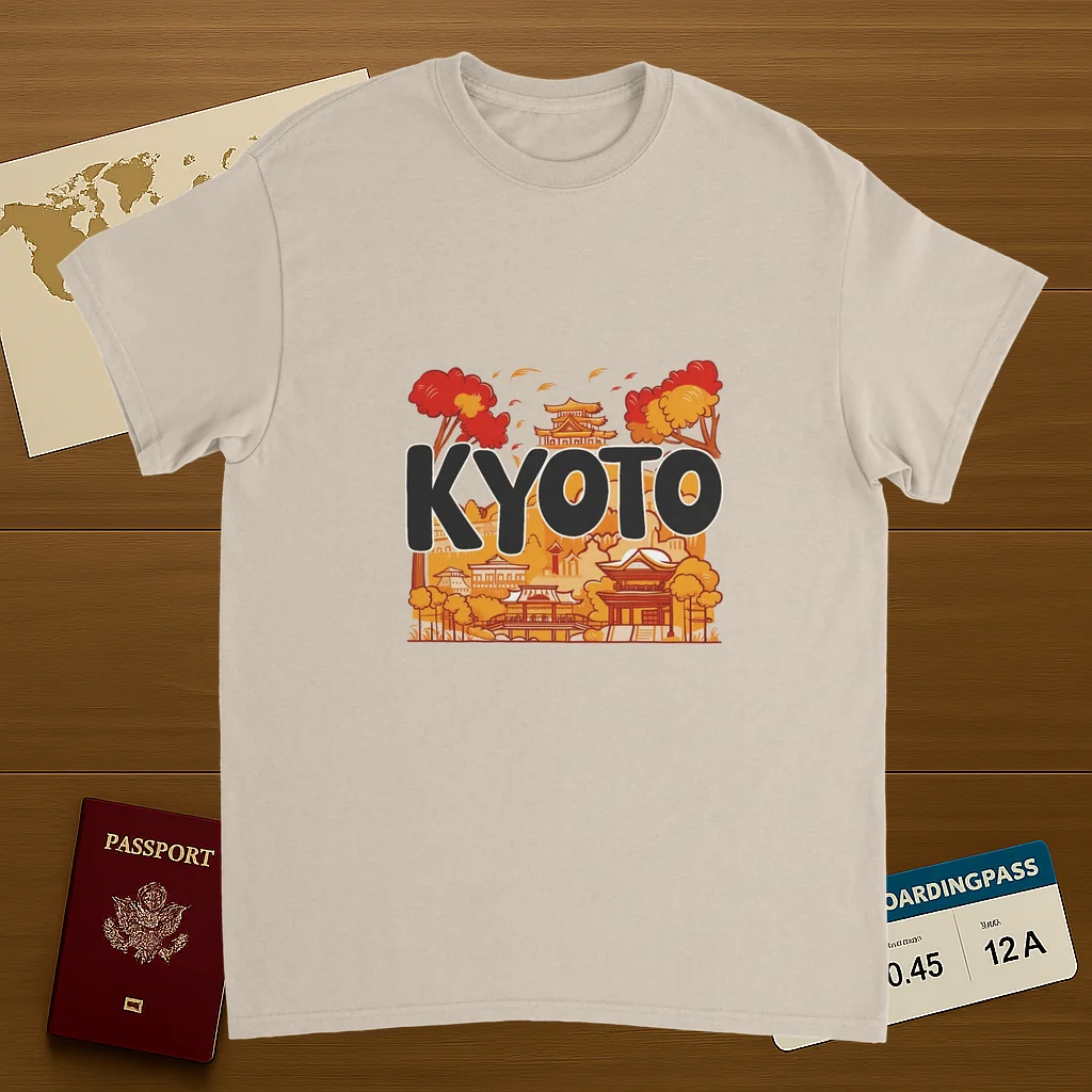 Kyoto Japan Unisex Travel T-Shirt on wooden background with world map, passport, and boarding pass