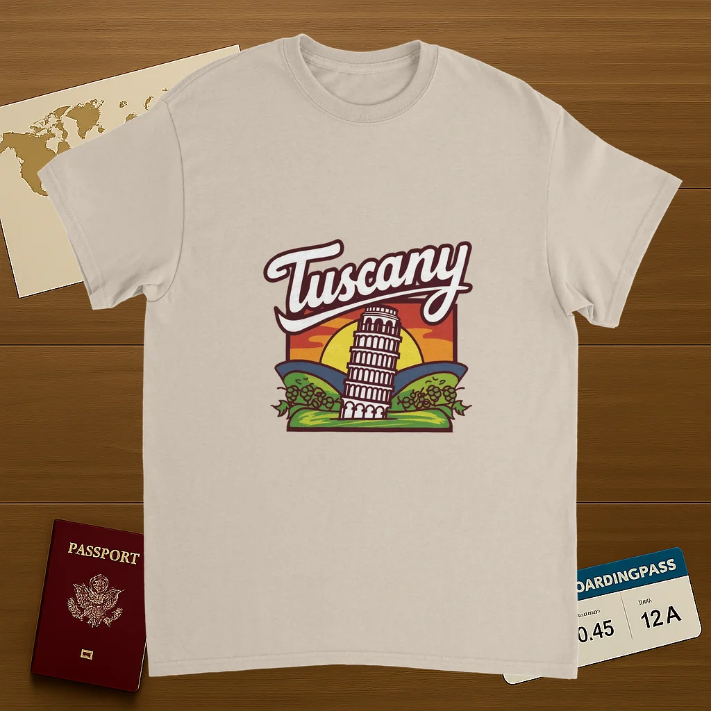 Tuscany Italy Unisex Travel T-Shirt on wooden background with world map, passport, and boarding pass