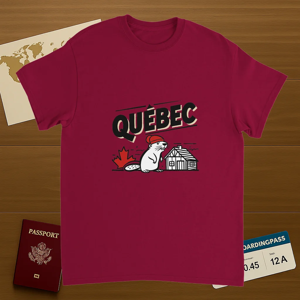 cardinal red Quebec Canada Unisex Travel T-Shirt on wooden background with world map, passport, and boarding pass