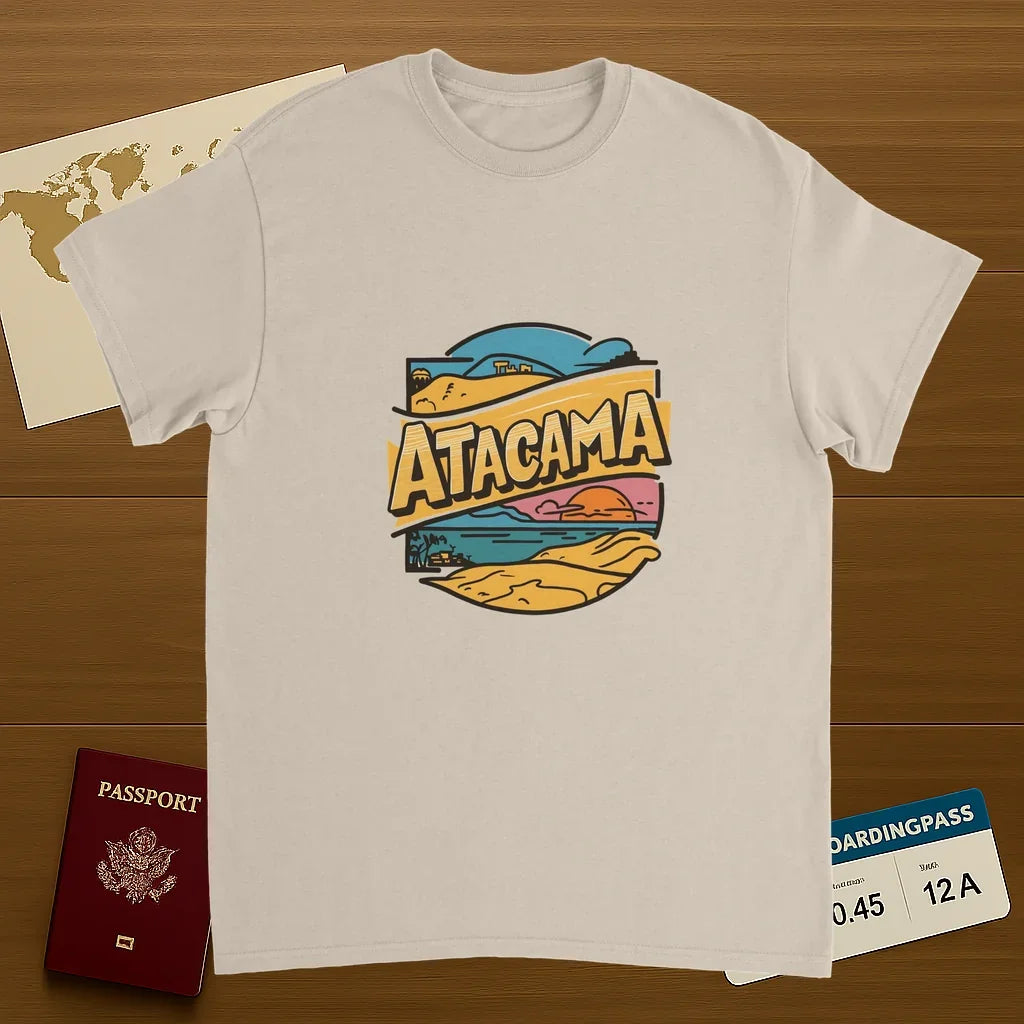 Atacama Chile Unisex Travel T-Shirt on wooden background with world map, passport, and boarding pass