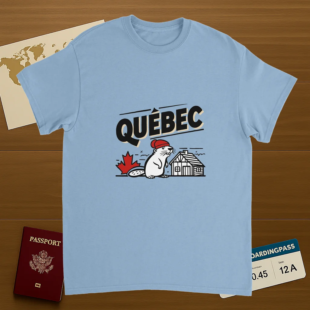 light blue Quebec Canada Unisex Travel T-Shirt on wooden background with world map, passport, and boarding pass