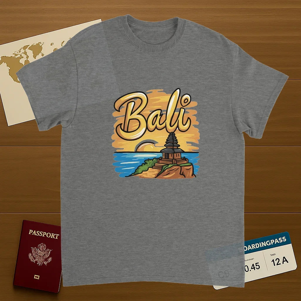 sport grey Bali Unisex Travel T-Shirt on wooden background with world map, passport, and boarding pass