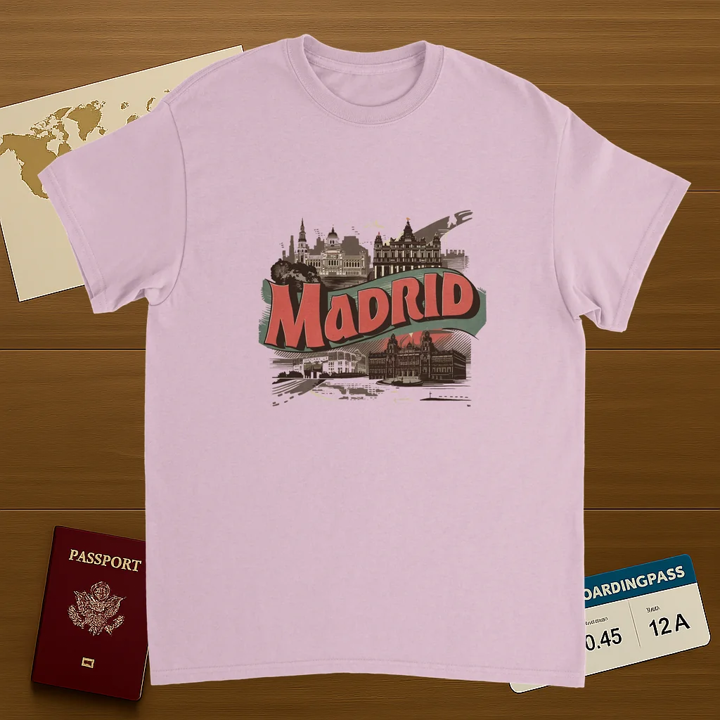 light pink Madrid Spain Unisex Travel T-Shirt on wooden background with world map, passport, and boarding pass