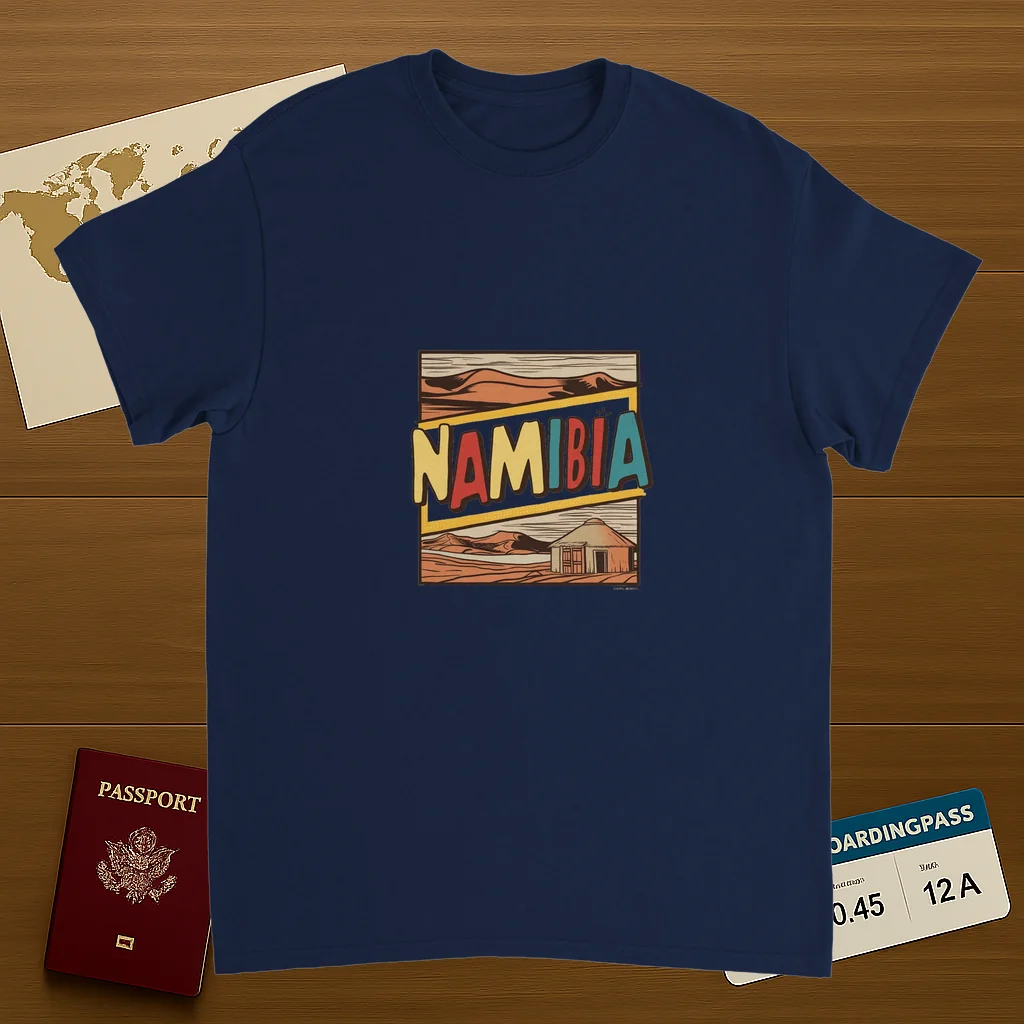 navy Namibia Unisex Travel T-Shirt on wooden background with world map, passport, and boarding pass