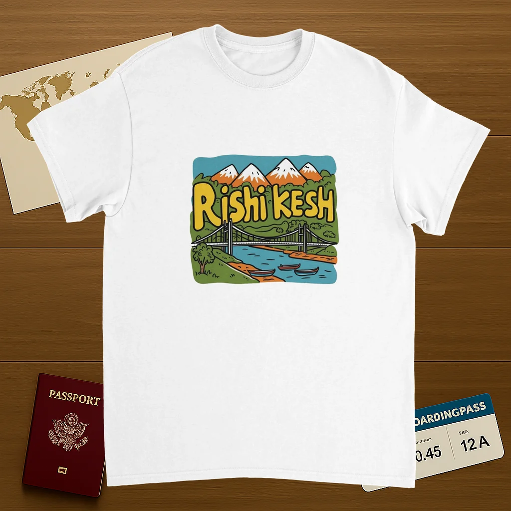 white Rishikesh India Unisex Travel T-Shirt on wooden background with world map, passport, and boarding pass