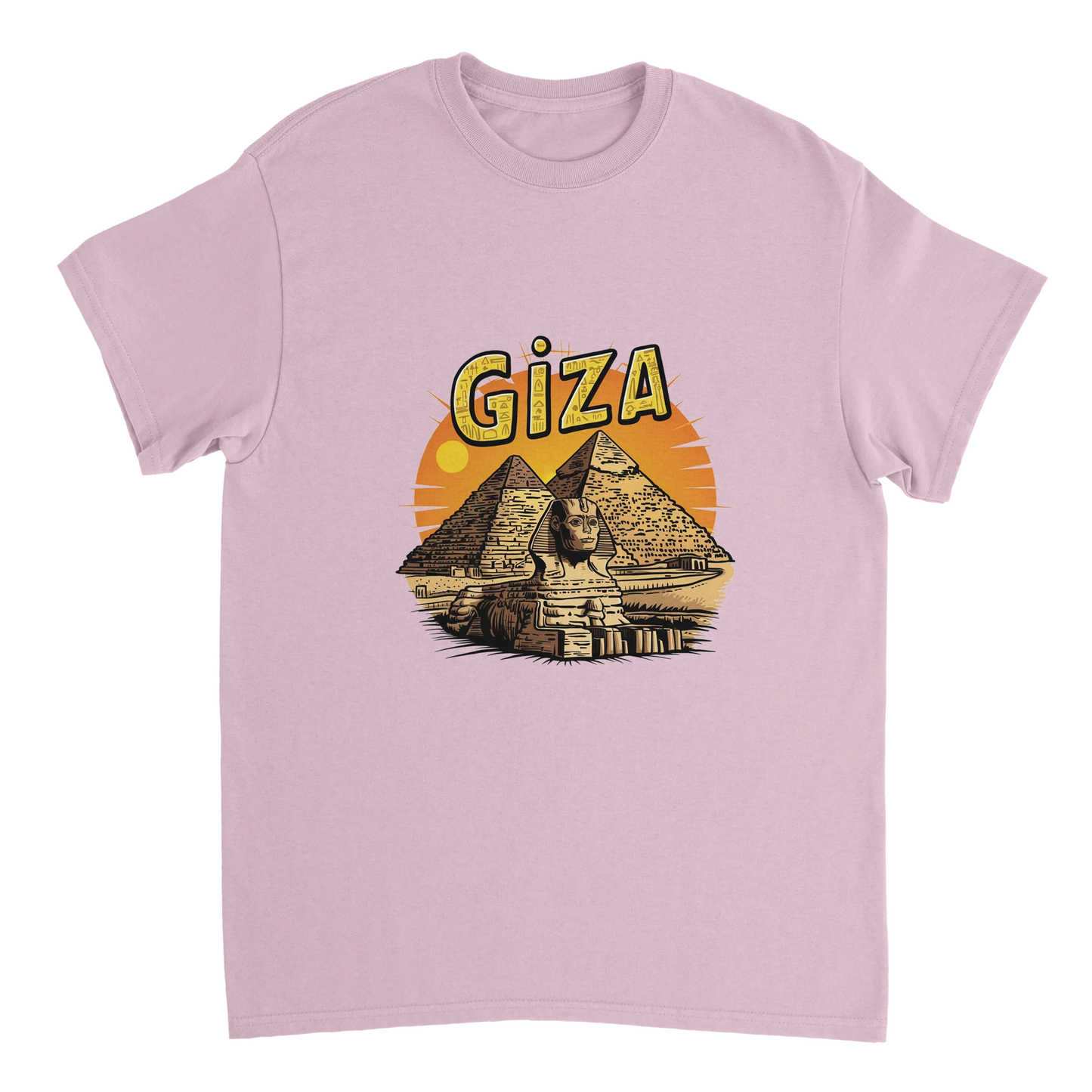 light pink Giza Egypt Unisex Travel T-Shirt on wooden background with world map, passport, and boarding pass