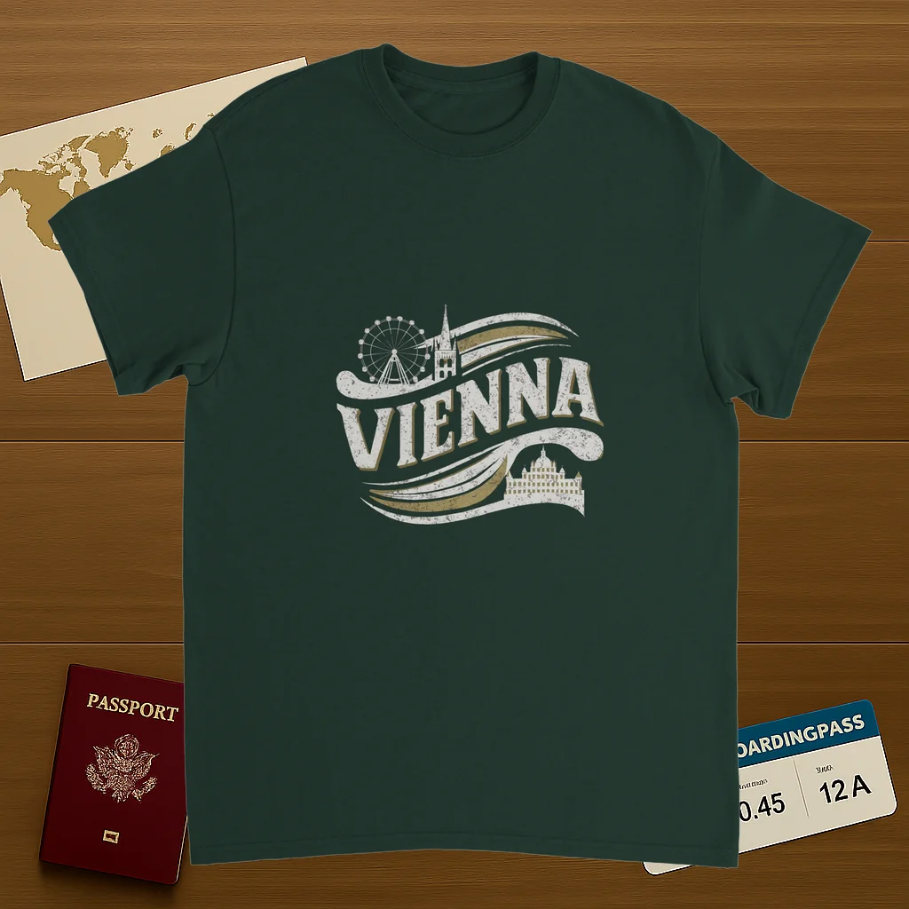 forest green Vienna Austria Unisex Travel T-Shirt on wooden background with world map, passport, and boarding pass