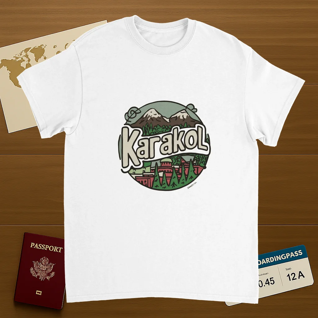 white Karakol Kyrgyzstan Unisex Travel T-Shirt on wooden background with world map, passport, and boarding pass