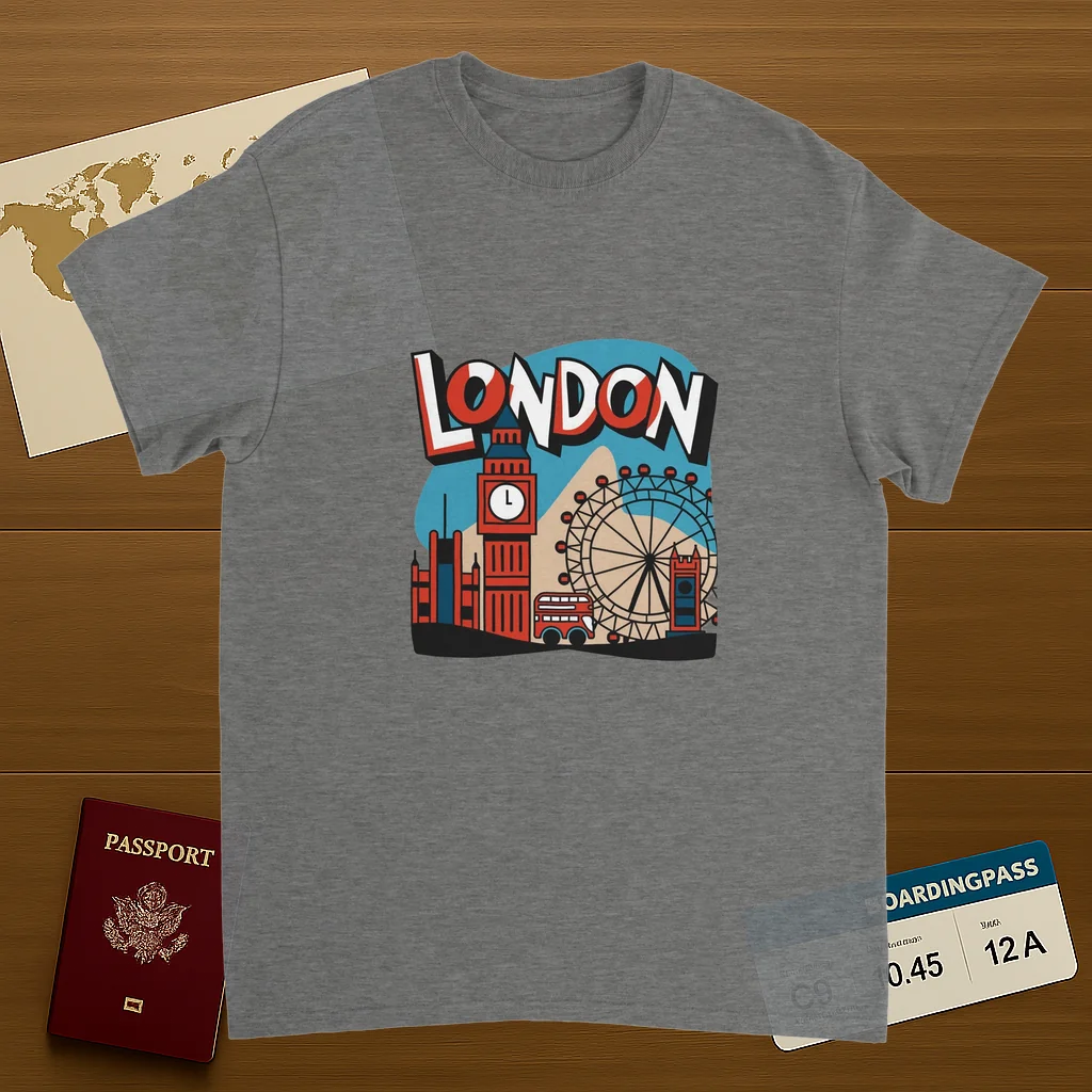 sport grey London England Unisex Travel T-Shirt on wooden background with world map, passport, and boarding pass