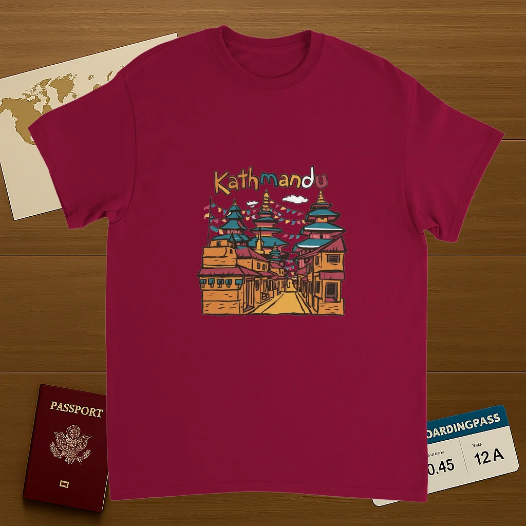 cardinal red Kathmandu Nepal Unisex Travel T-Shirt featuring a man