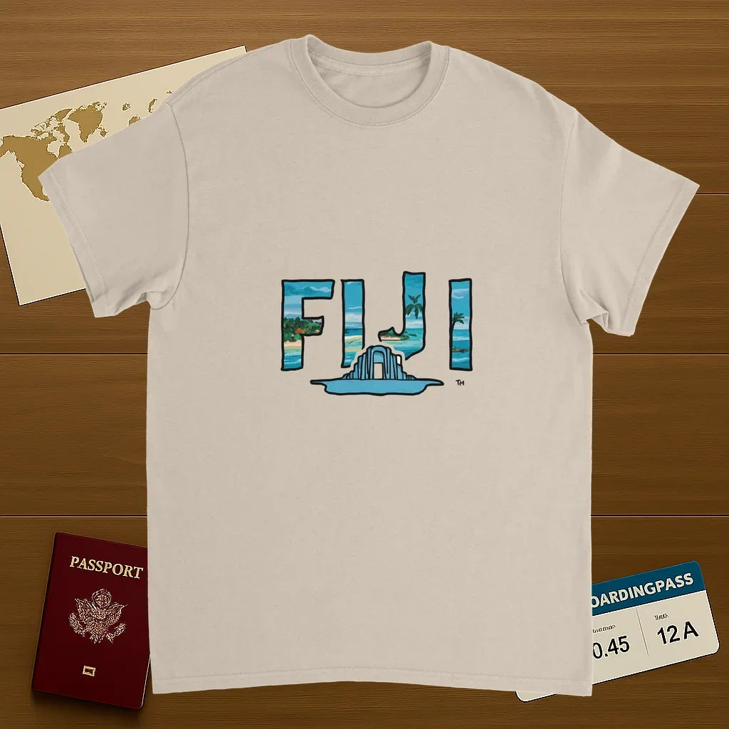 Fiji Unisex Travel T-Shirt on wooden background with world map, passport, and boarding pass