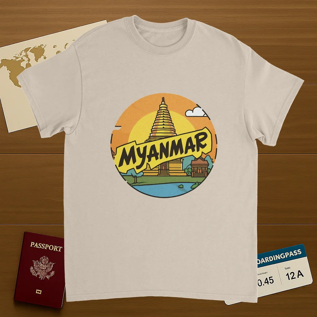 Myanmar Unisex Travel T-Shirt on wooden background with world map, passport, and boarding pass