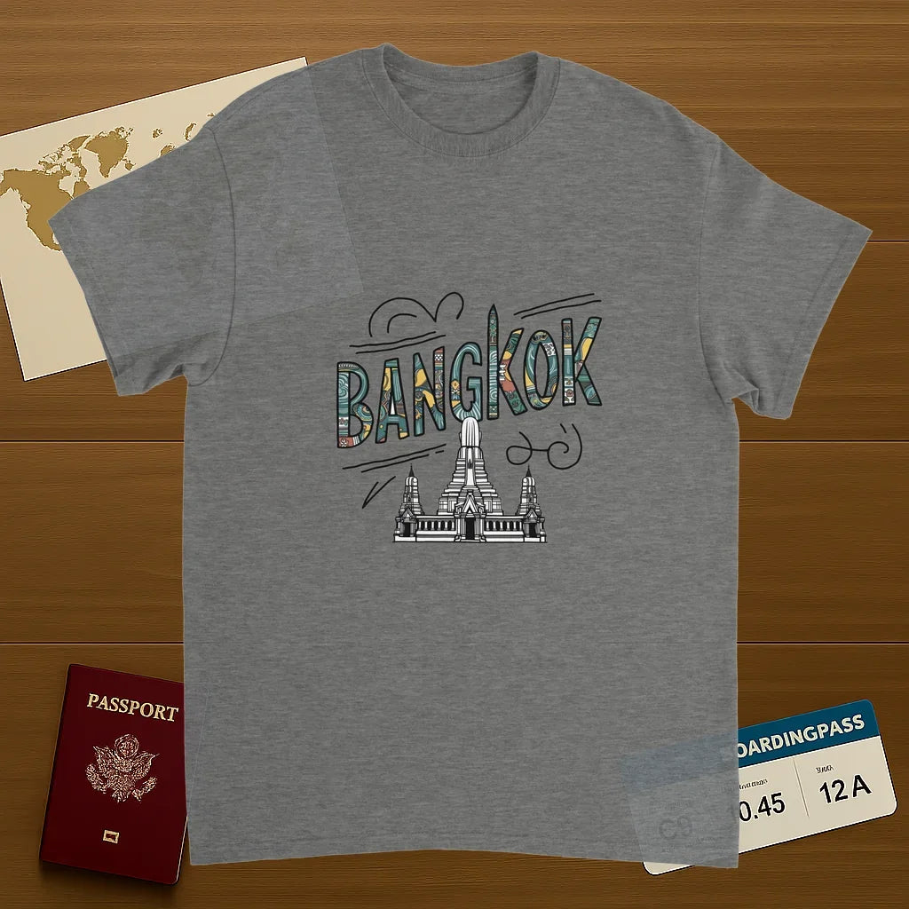 sport grey Bangkok Thailand Unisex Travel T-Shirt on wooden background with world map, passport, and boarding pass
