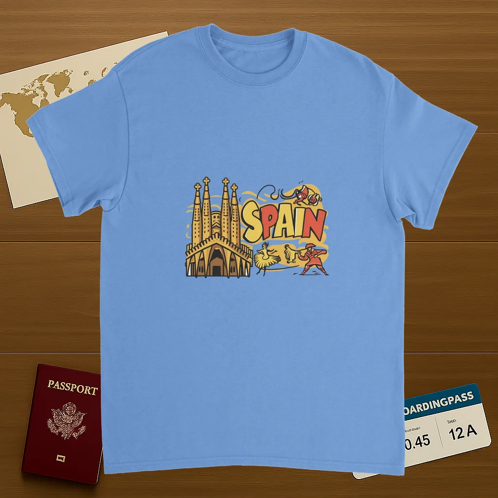 carolina blue Spain Unisex Travel T-Shirt on wooden background with world map, passport, and boarding pass