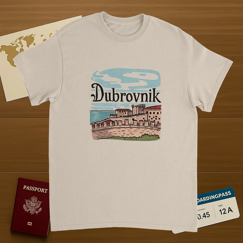 Dubrovnik Croatia Unisex Travel T-Shirt on wooden background with world map, passport, and boarding pass
