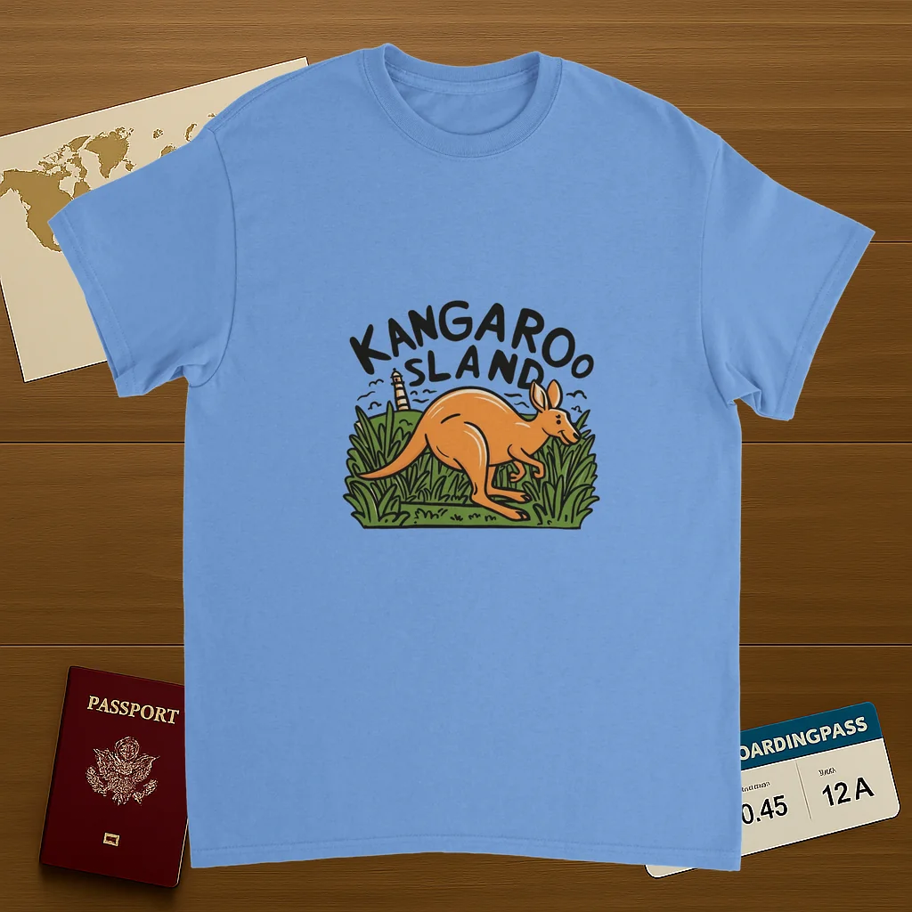 carolina blue Kangaroo Island Australia Unisex Travel T-Shirt on wooden background with world map, passport, and boarding pass