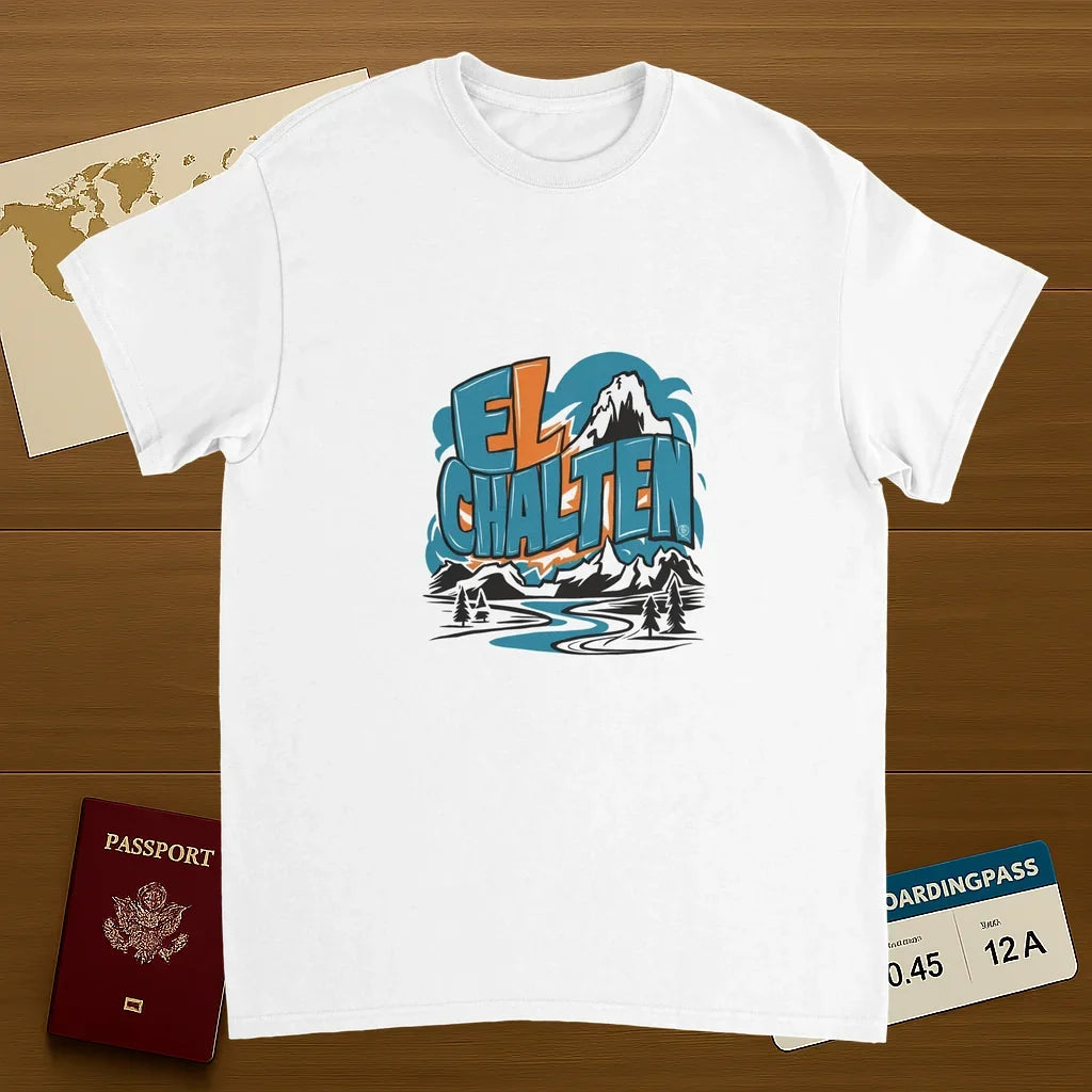 white El Chaltén Argentina Unisex Travel T-Shirt on wooden background with world map, passport, and boarding pass