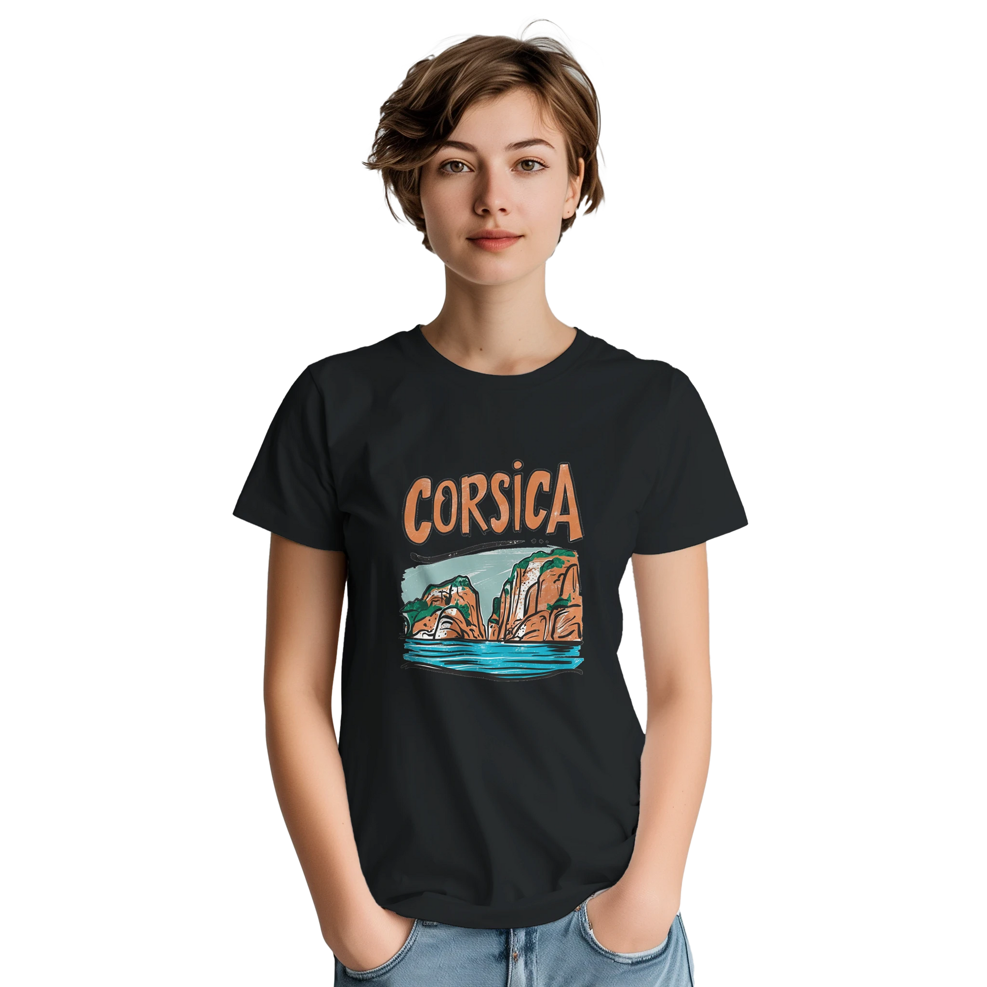 Corsica Unisex Travel T-Shirt featuring a person
