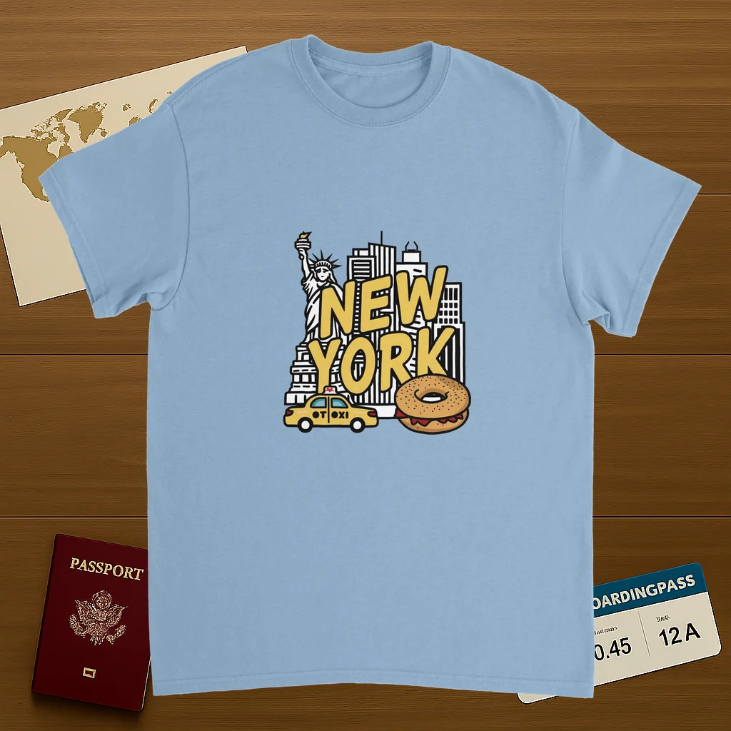 light blue New York USA Unisex Travel T-Shirt on wooden background with world map, passport, and boarding pass